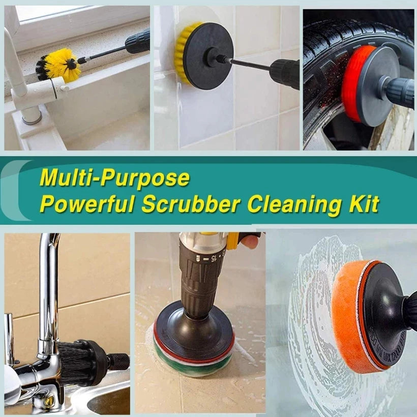 A multi-purpose scrubbing kit featuring various brush attachments for cleaning tasks.