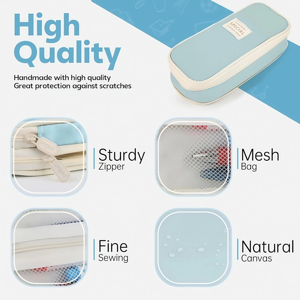 Light blue fabric pencil case with a zipper, featuring sturdy stitching and natural canvas material.