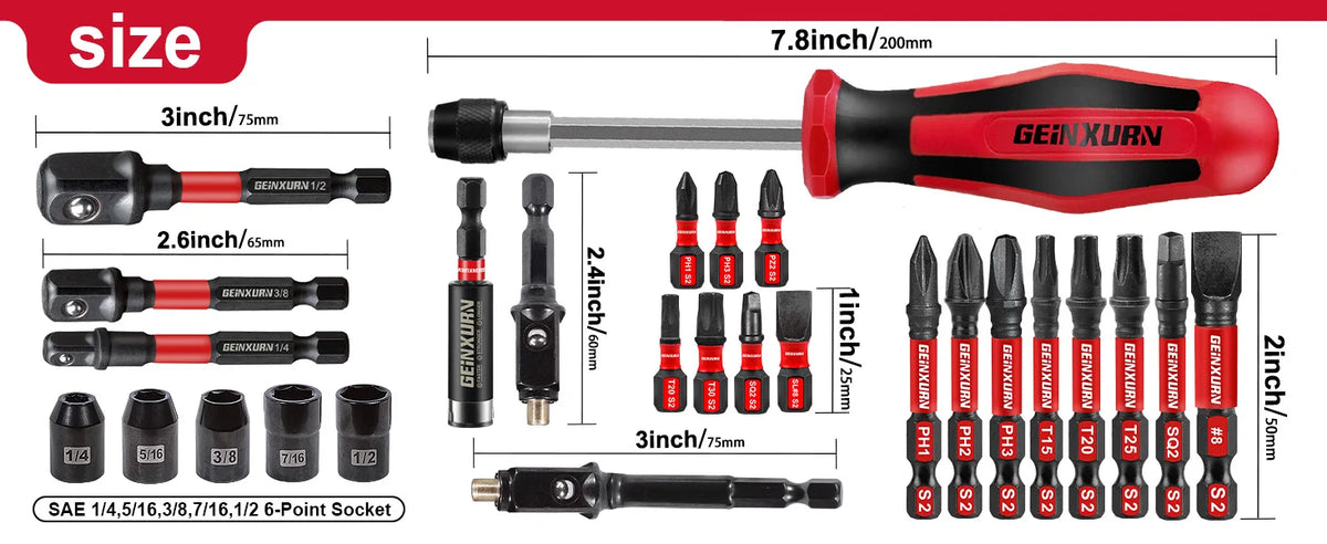 A set of magnetic quick-change screwdrivers in various sizes and tips, including a red and black handle.