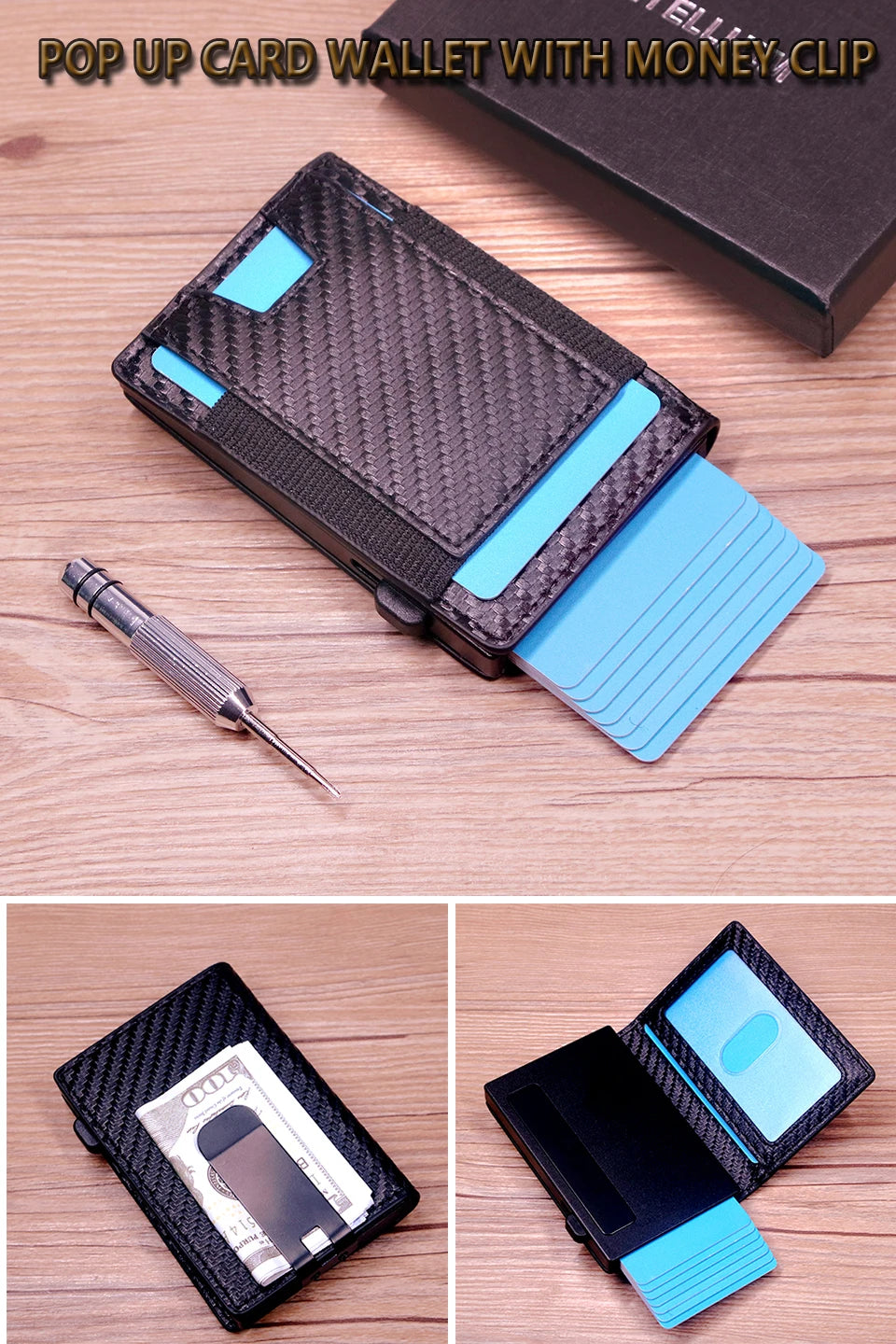 Schwarze Pop-up-Karte-Wallet mit Geldclip und blauem Kartenhalter auf Holzoberfläche.
