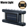 A dark gray solar powered outdoor wall light with a rectangular panel and an illuminated vertical element.