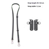 A set of black leather mini bag straps with alloy buckles, showing the strap length and width.