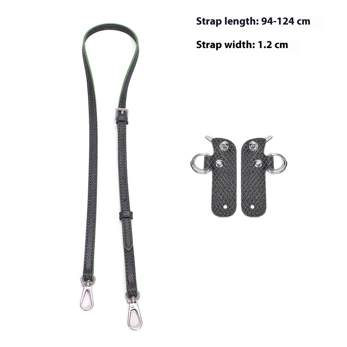 A set of black leather mini bag straps with alloy buckles, showing the strap length and width.
