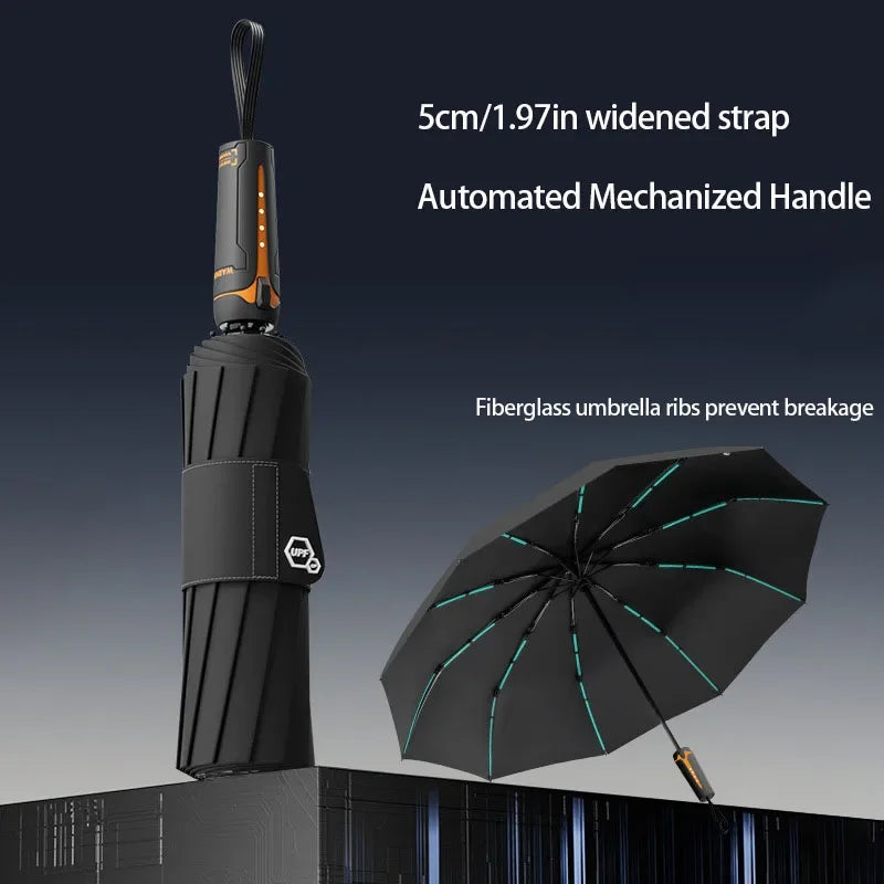 A black umbrella with a widened strap and automated mechanized handle is shown next to the open canopy.