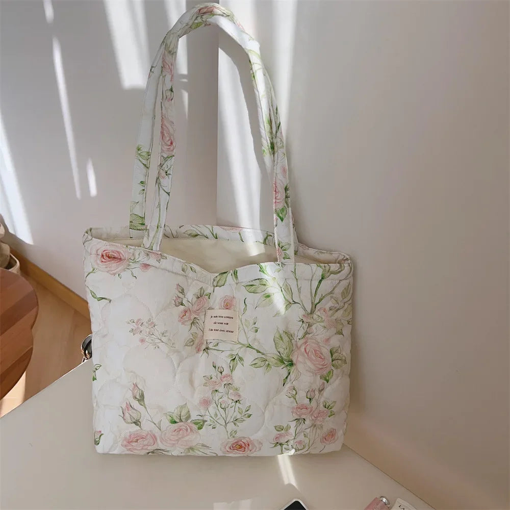 Quilted Floral Cotton Tote Bag with Padded Handle