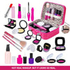 A collection of colorful pretend makeup products including lipsticks, eyeshadows, and brushes displayed in a pink carrying ca