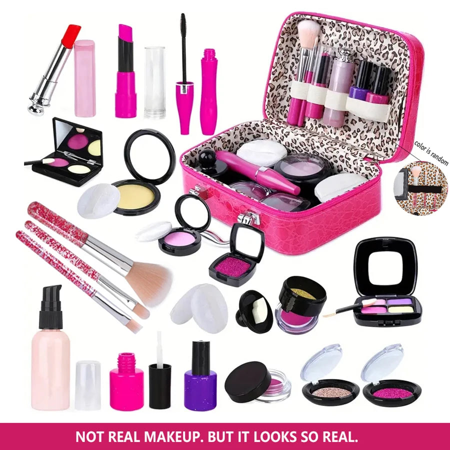 A collection of colorful pretend makeup products including lipsticks, eyeshadows, and brushes displayed in a pink carrying ca