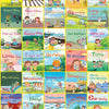 A grid of 60 colorful picture book covers featuring various themes like robots, animals, and bedtime stories for early Englis