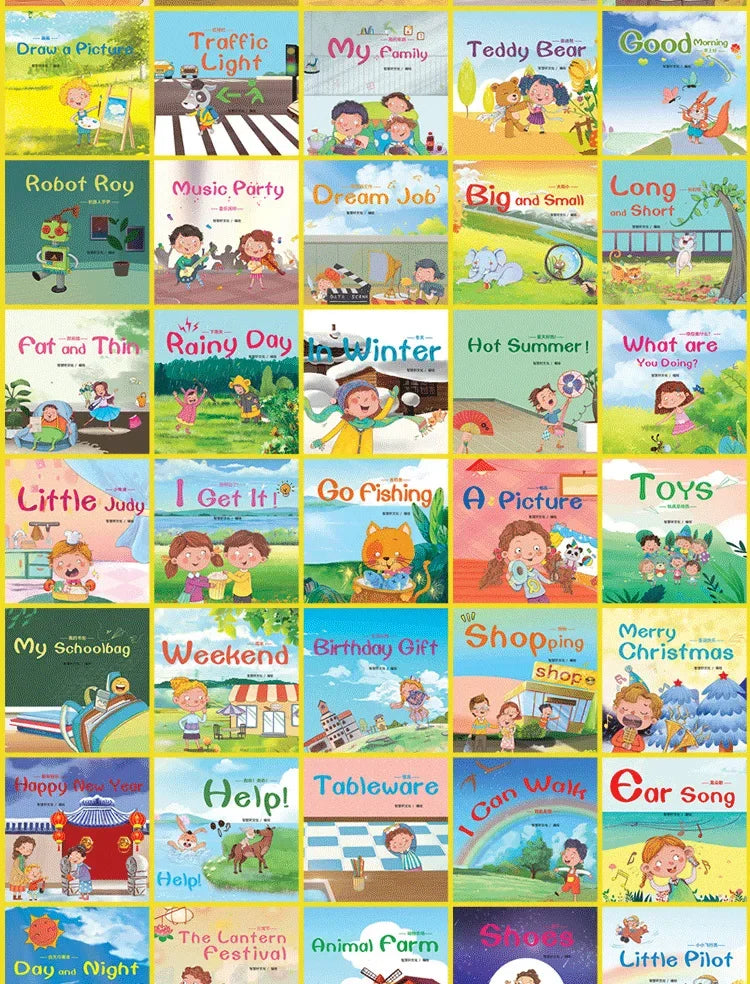 A grid of 60 colorful picture book covers featuring various themes like robots, animals, and bedtime stories for early Englis