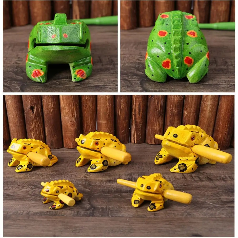 Handcrafted wooden frog guiro rasp percussion instrument in various shades of green and yellow.