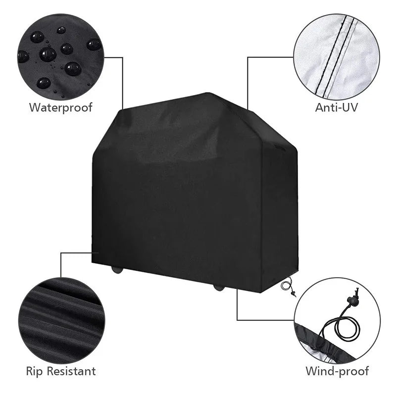 Black heavy-duty grill cover featuring waterproof, anti-UV, rip resistant, and wind-proof properties.