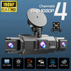 A multi-channel dash camera with four lenses and night vision features is shown against a dark background.