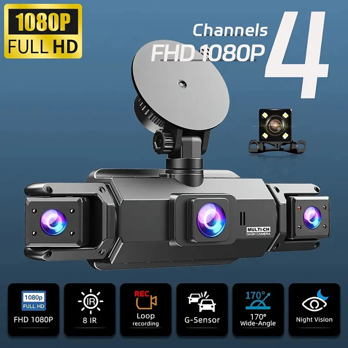 A multi-channel dash camera with four lenses and night vision features is shown against a dark background.