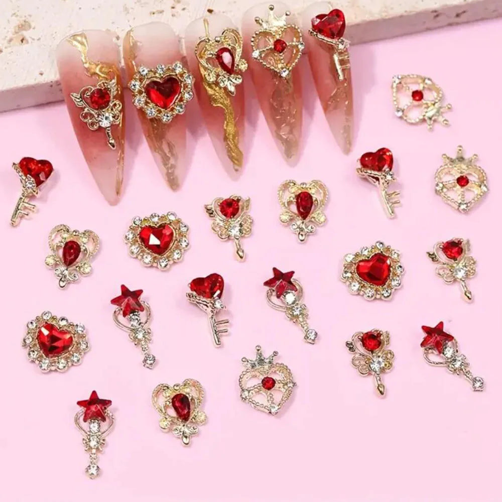 3D Red Heart Nail Art Charms with Gold Base (30-Piece Set)