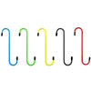 Five colored S-hook brake caliper hangers in blue, green, yellow, black, and red.