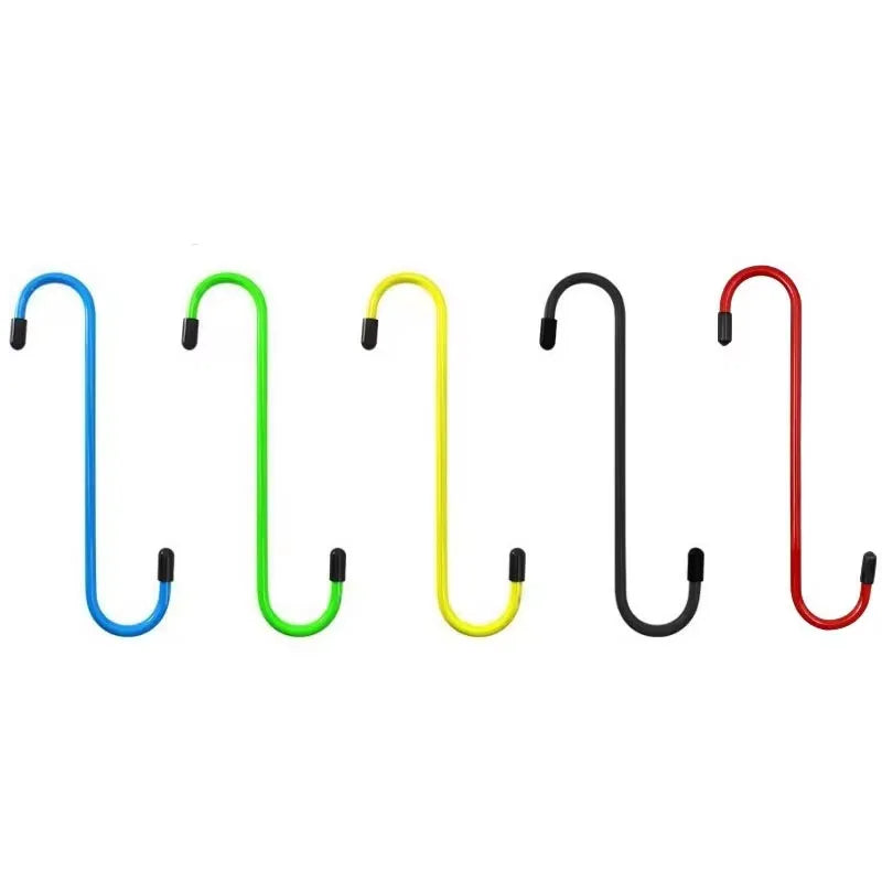 Five colored S-hook brake caliper hangers in blue, green, yellow, black, and red.