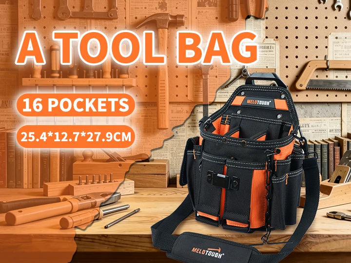 An orange and black tool bag with 16 pockets is displayed on a wooden workbench surrounded by various tools.
