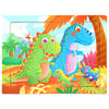 A wooden jigsaw puzzle featuring colorful dinosaurs in a jungle setting.