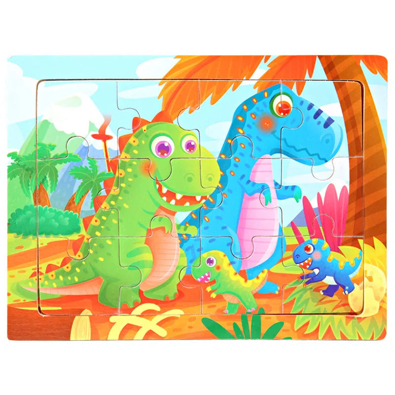 A wooden jigsaw puzzle featuring colorful dinosaurs in a jungle setting.