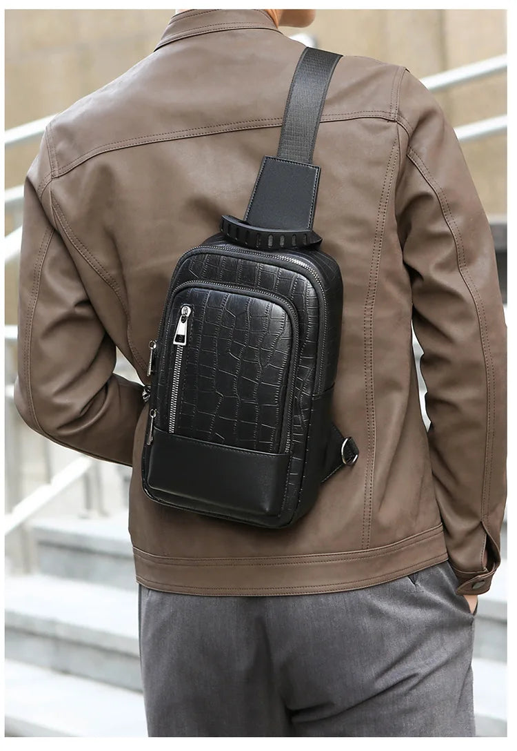 Men's Waterproof PU Leather Crossbody Bag with Geometric Pattern