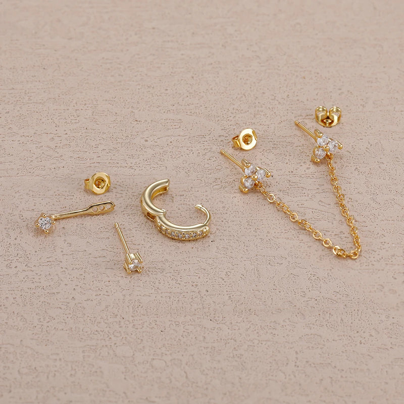 Double-Hole Link Chain Earrings with Green Zircon