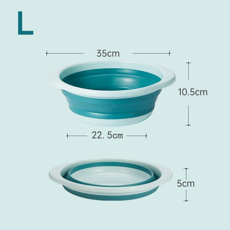 A teal and white foldable travel wash basin shown in multiple views.