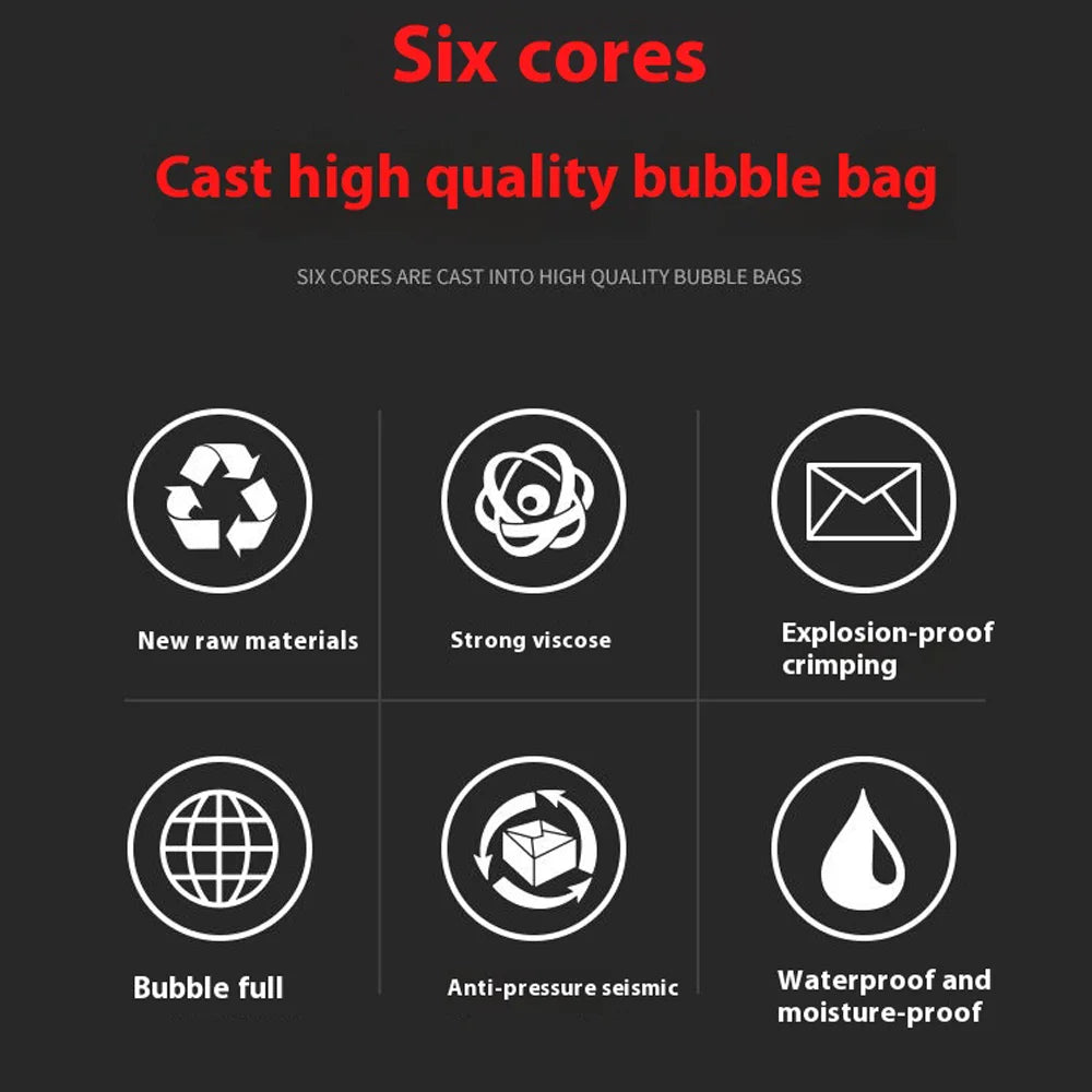 Diagram showing six cores cast into high quality bubble bags with features like strong visco and waterproof properties