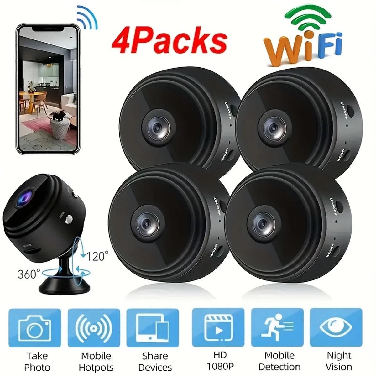 Quatre mini caméras de sécurité Wi-Fi noires avec prise de photos, partage de point d'accès, enregistrement HD et vision noct