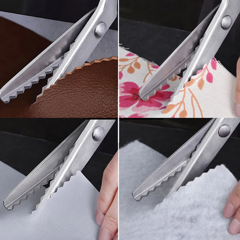 Stainless steel pinking shears being used to cut fabric and craft materials.