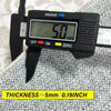 A black digital caliper measures the thickness of a fabric, displaying 5.0 mm or 0.19 inch.