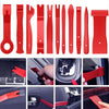 A set of 38 red car trim removal tools and accessories with a storage pouch shown in various close-up views.