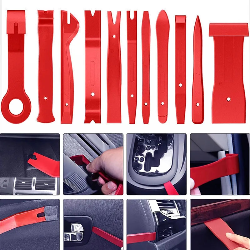 A set of 38 red car trim removal tools and accessories with a storage pouch shown in various close-up views.
