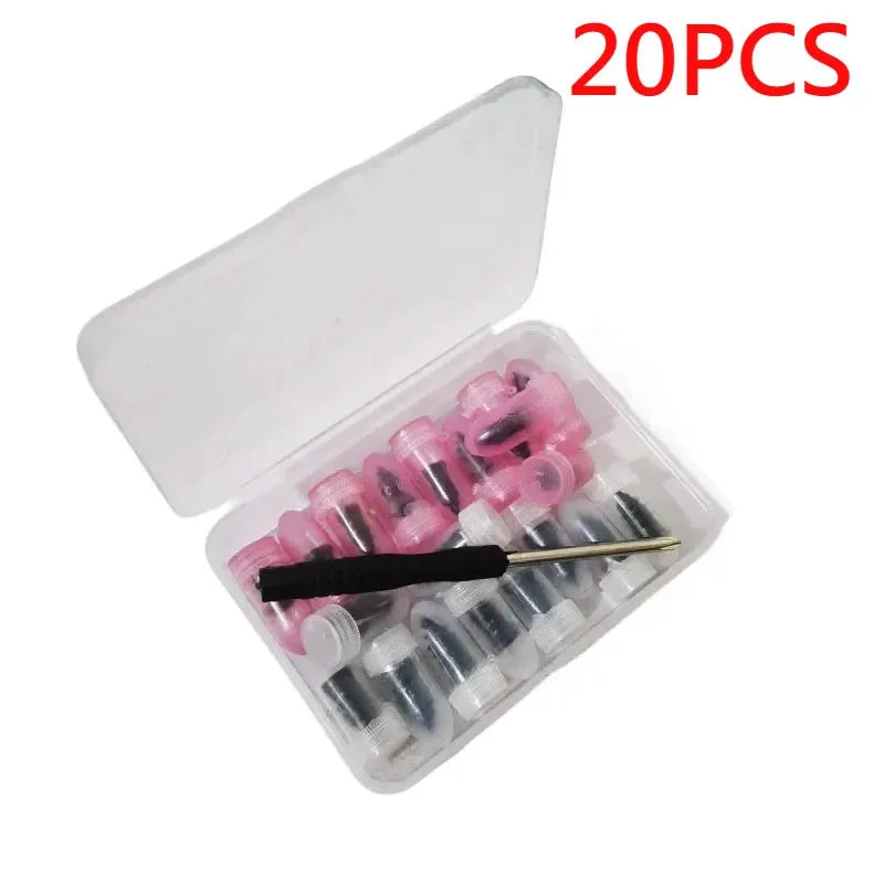 A clear plastic kit containing 20 rubber screw patches and a screwdriver for emergency tire repair.