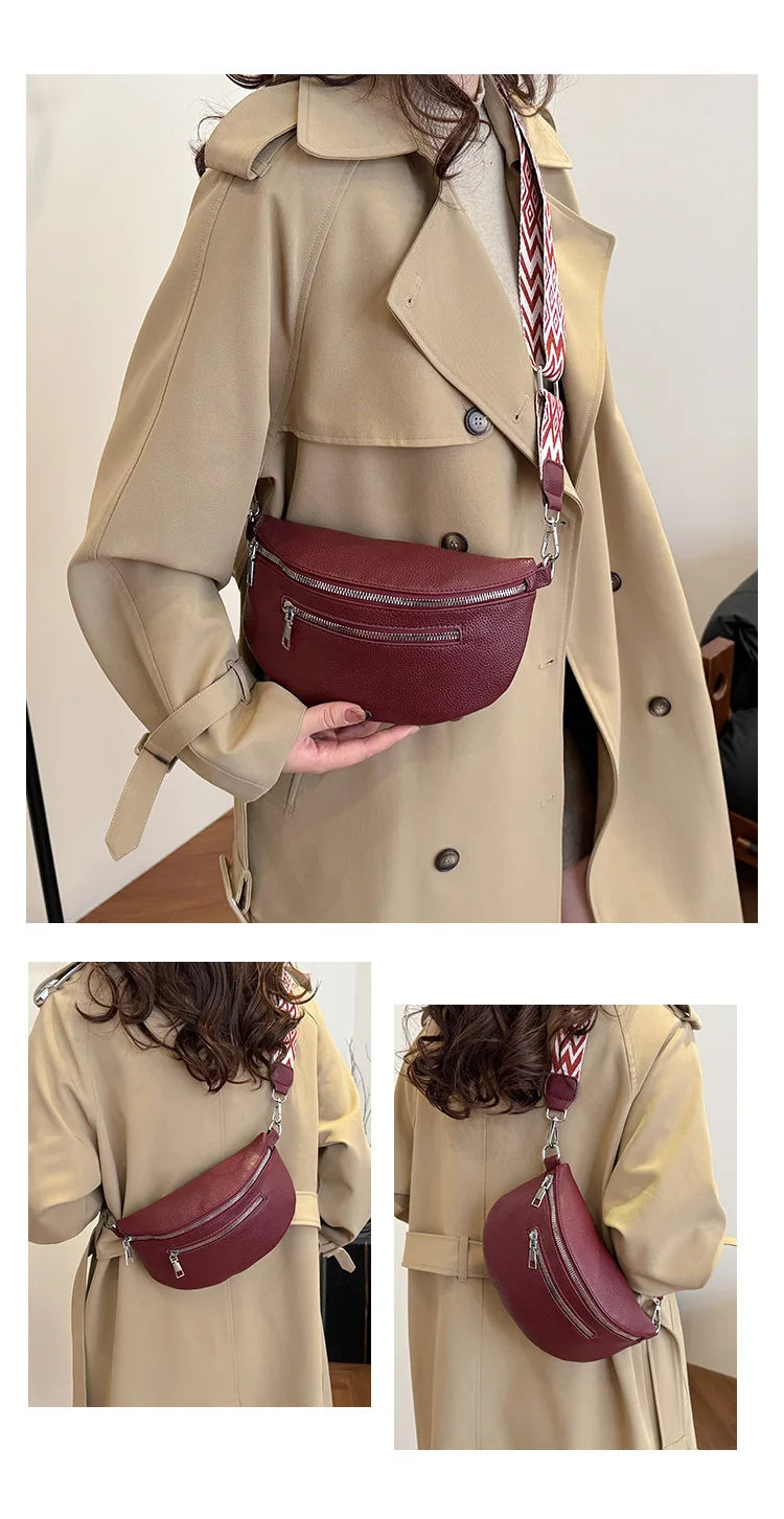 A woman models a maroon PU leather waist bag with a striped adjustable strap against a beige trench coat.