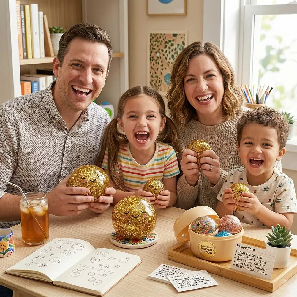 Una familia de cuatro sostiene e interactúa con un juguete antiestrés de dumpling brillante dorado que sube lentamente.