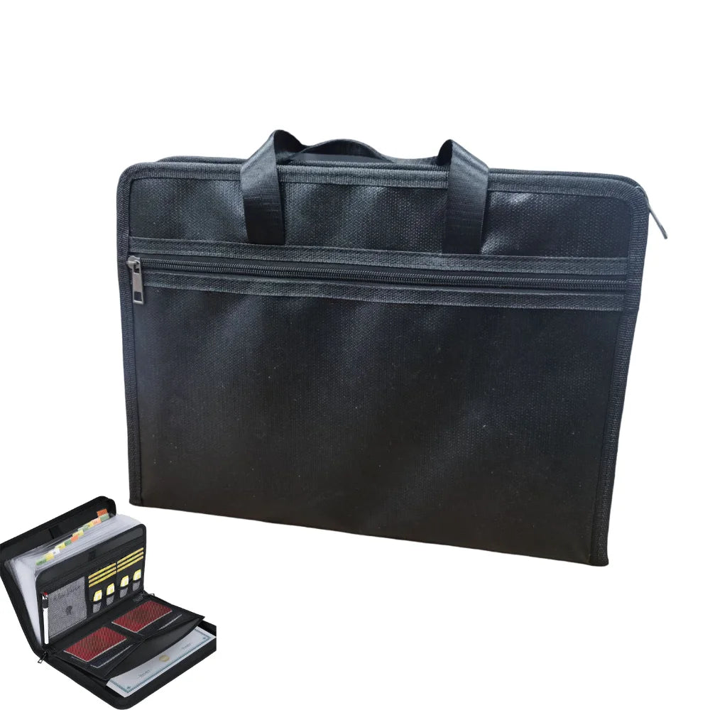 Black fireproof and waterproof expanding file organizer with multi-pocket accordion design