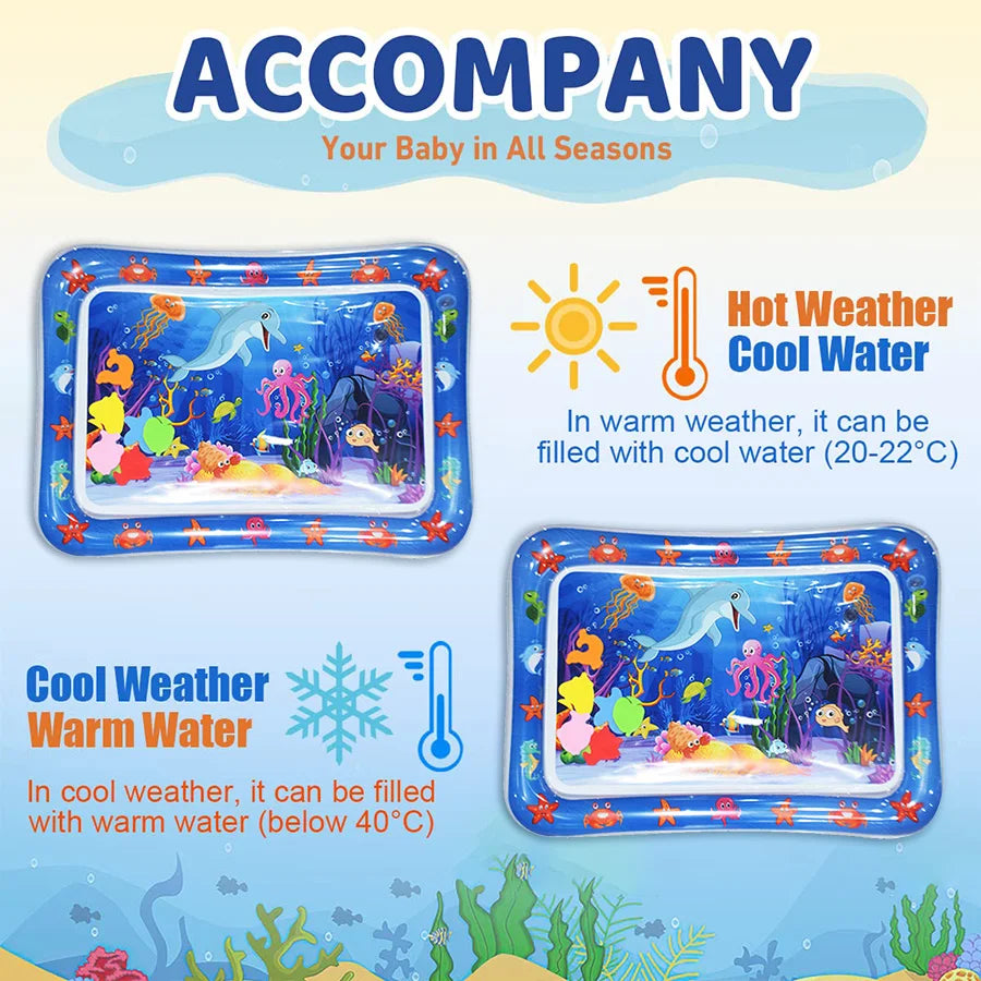 A colorful inflatable baby water play mat designed for use in all seasons, featuring floating toys and water features.