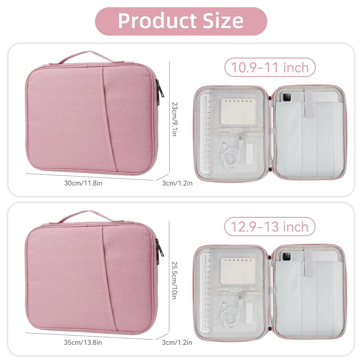 Pink padded laptop sleeve bags for 10.9 to 13 inch devices shown with internal organization.