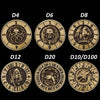 A collection of ten metal spinner dice cubes labeled D4, D6, D8, D12, D20, and D10/D100, featuring various symbols and design