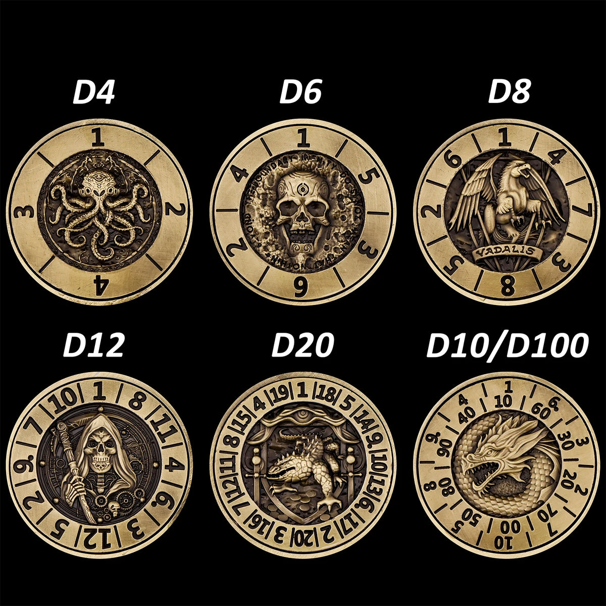 A collection of ten metal spinner dice cubes labeled D4, D6, D8, D12, D20, and D10/D100, featuring various symbols and design