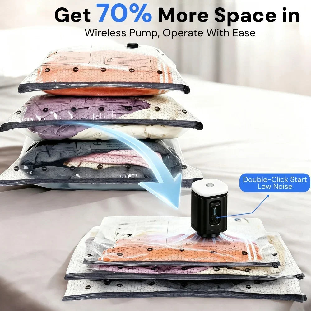Vacuum storage bags are shown stacked and in use, demonstrating space-saving features.