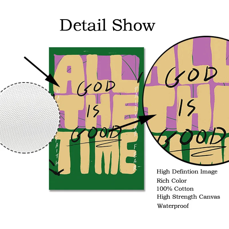Detail show of a canvas print featuring the text God Is Good All The Time in yellow and purple tones.
