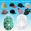 A collection of baseball caps and a white mesh hat cleaning cage for laundry.