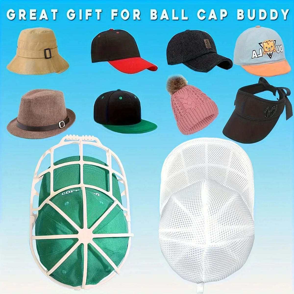 A collection of baseball caps and a white mesh hat cleaning cage for laundry.