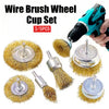 A set of three wire brush wheel cups and a power tool are shown for rust removal and polishing.