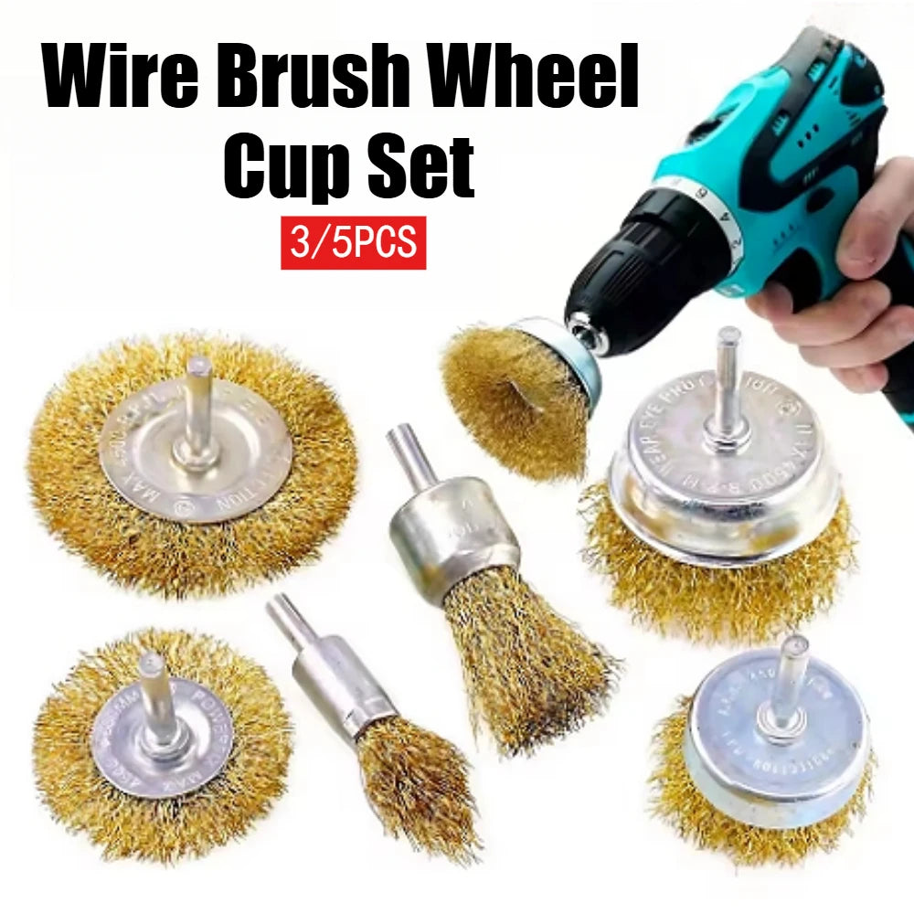 A set of three wire brush wheel cups and a power tool are shown for rust removal and polishing.