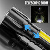 Close-up view of a black telescopic zoom flashlight showing the lens and yellow light beam.