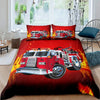 A red fire engine themed duvet cover set featuring firefighters and flames on a dark background.