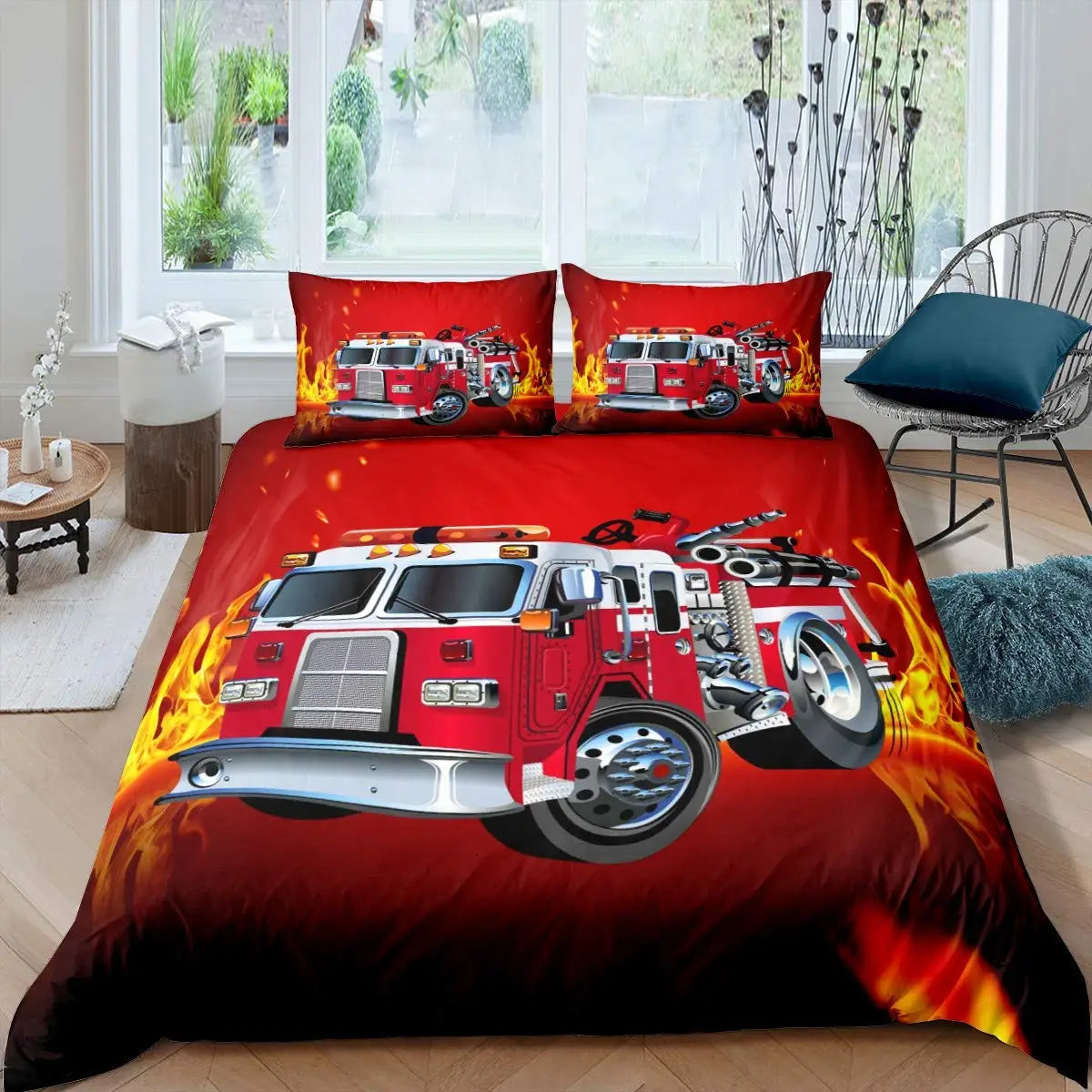 A red fire engine themed duvet cover set featuring firefighters and flames on a dark background.