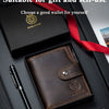 A brown genuine leather wallet with a red ribbon is shown open, featuring a coin pocket and an embossed logo.